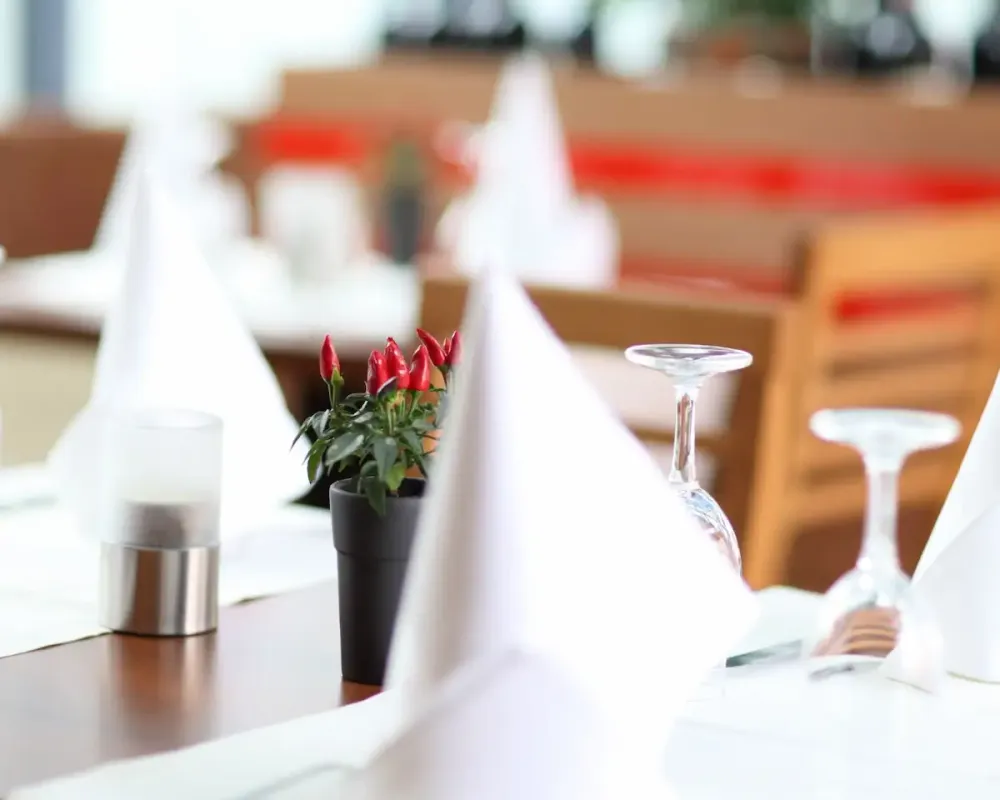 Festlich gedeckter Tisch mit Gläsern und Servietten im Primavera